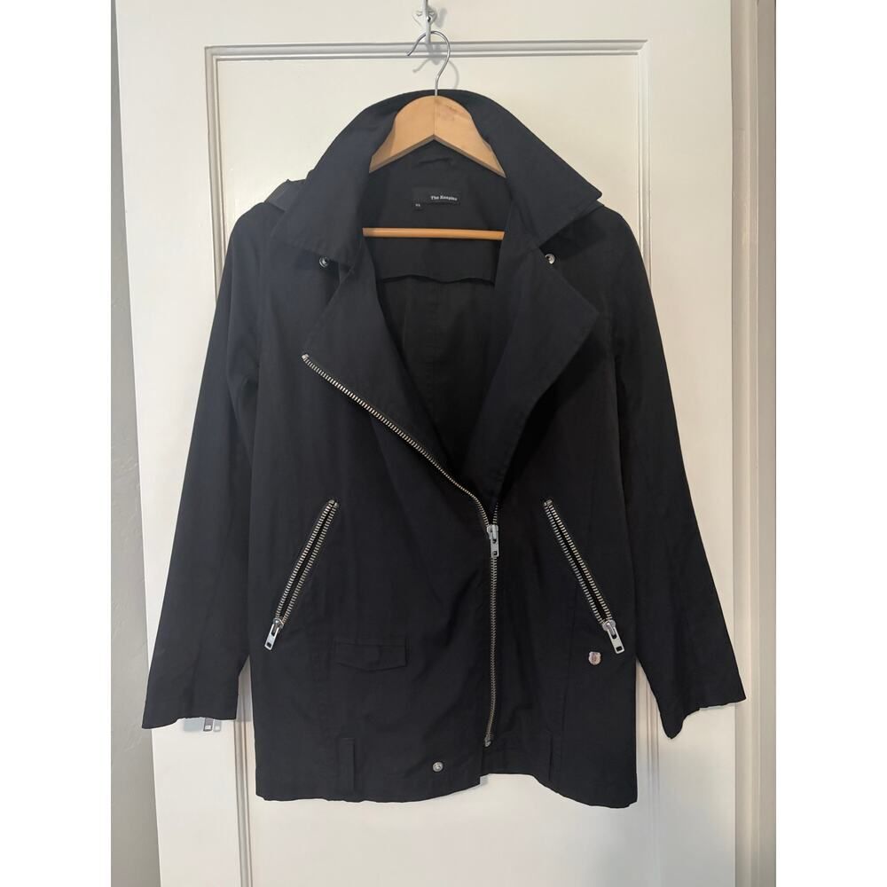 The Kooples Womens XS Black Hooded Moto Utility Jacket Asym Zip Cotton Nylon